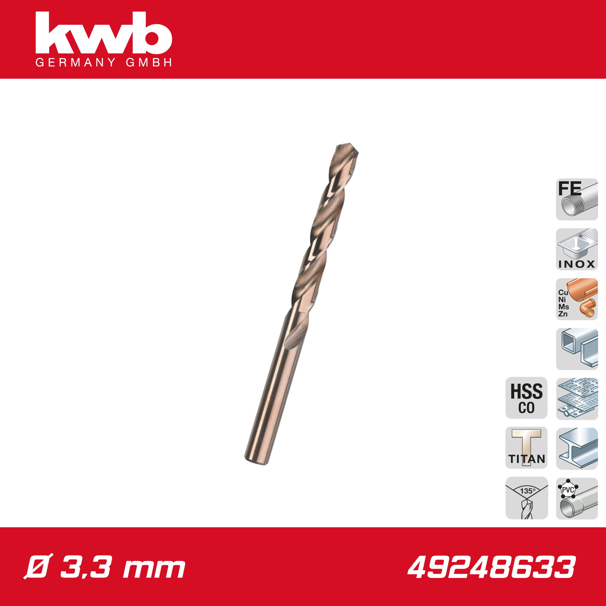 Csigafúró 3,3 mm HSS-E Co5 DIN 338 Profi 5% Cobalt - 