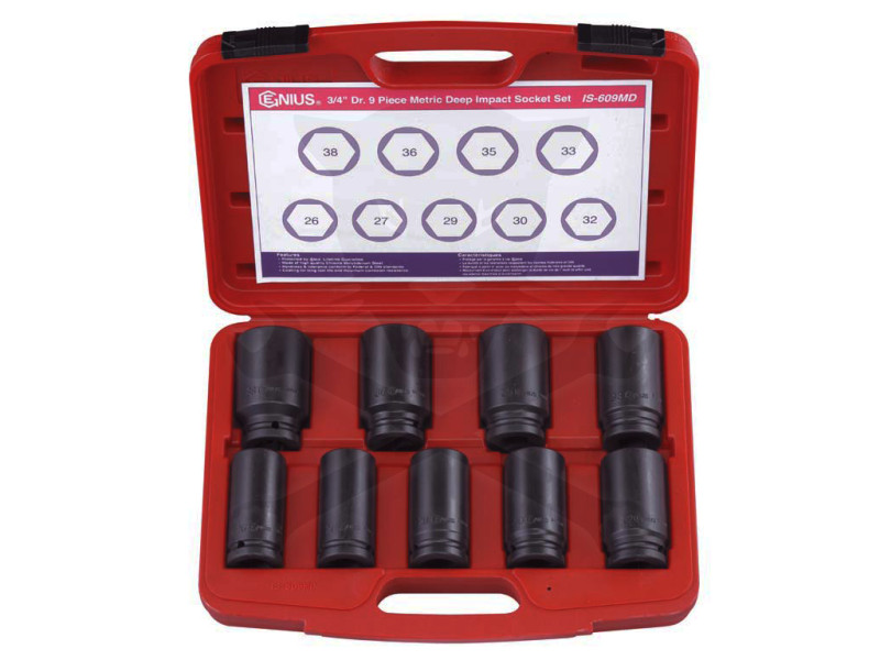 Légkulcsfej készlet 3/4"  9 db 26-38 mm metrikus hosszú 6 l. Genius