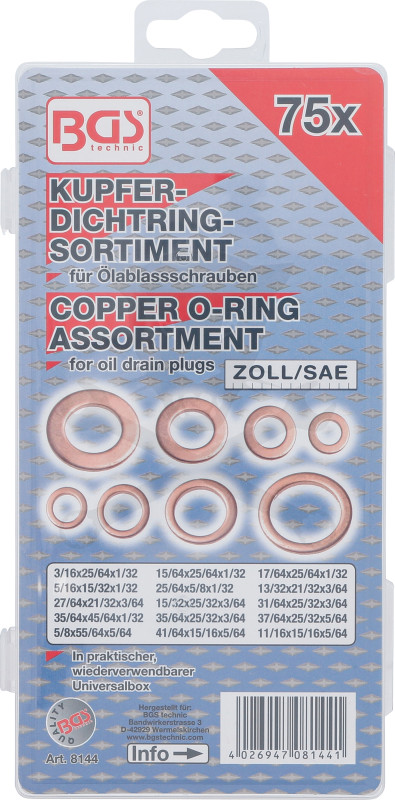 Tömítőgyűrű készlet réz  75 db-os rézalátét COLOS készlet