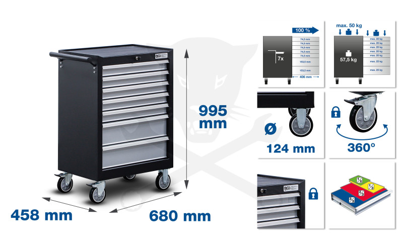 Szerszámos kocsi gyári-felszerelt 263 db-os 7 fiókos szürke szekr.9-4062