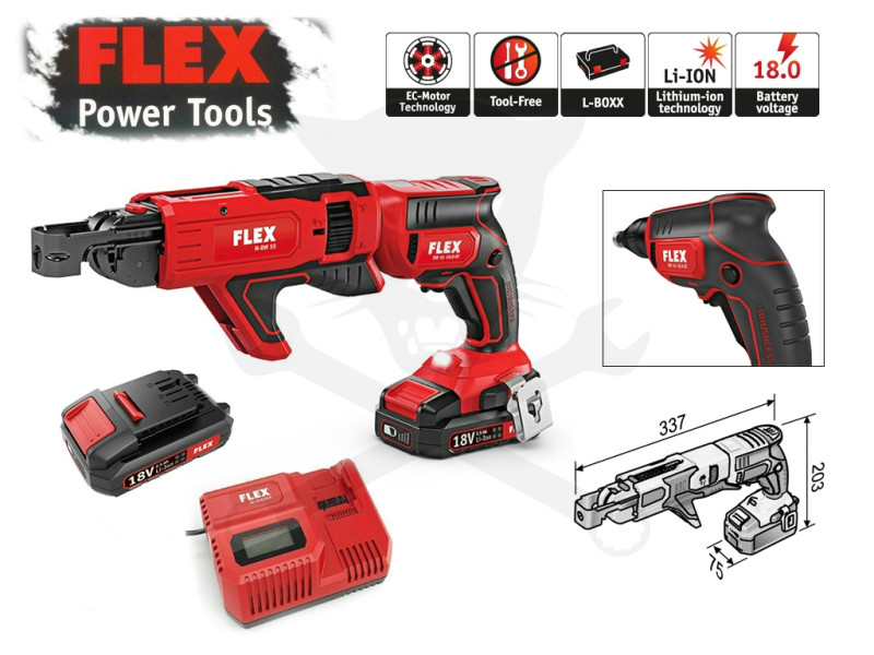 Gipszkarton csav 28Nm 1/4"-os 18V 2,5 Ah, kofferrel - FLEX (DW 45 18-EC M)