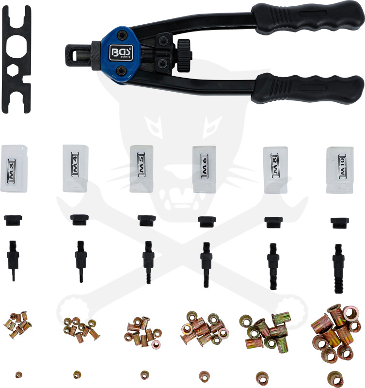 Szegecsanya behúzó kétkezes készlet M3-M4-M5-M6-M8-M10 Alu+Acél - BGS