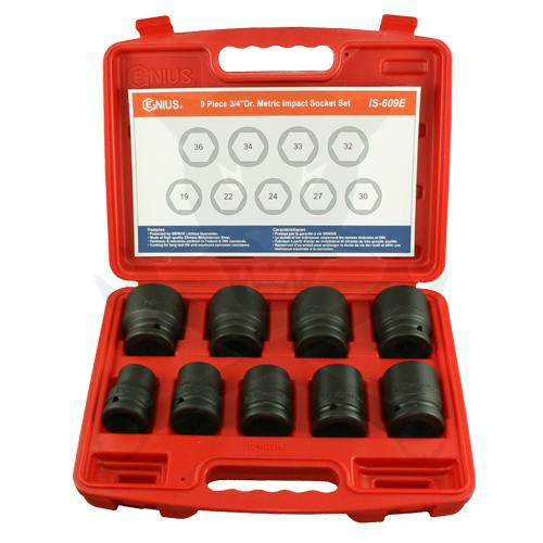 Légkulcsfej készlet 3/4"  9 db 19-36 mm metrikus rövid 6 l. Genius