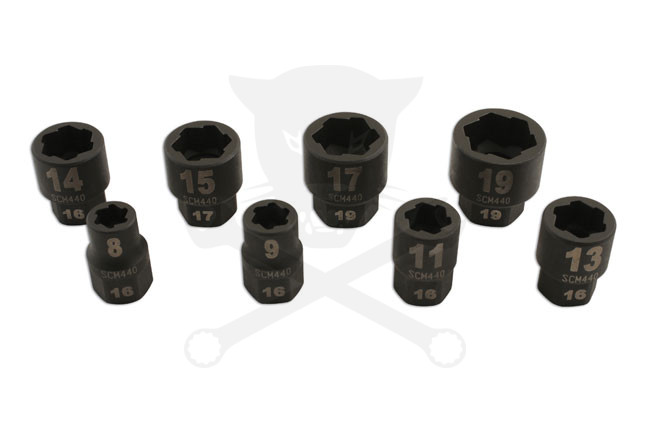 Csavarkiszedő készlet - sérült fejű csavarokhoz  8 db-os 8-19 mm 3/8"