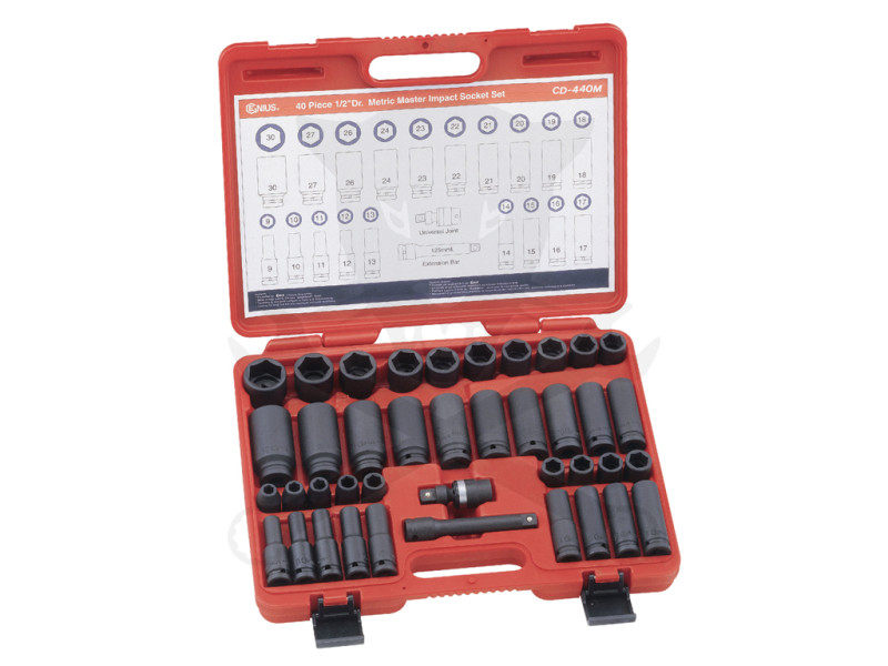 Légkulcsfej készlet 1/2" 40 db   9-30 mm metrikus rövid-hosszú Genius