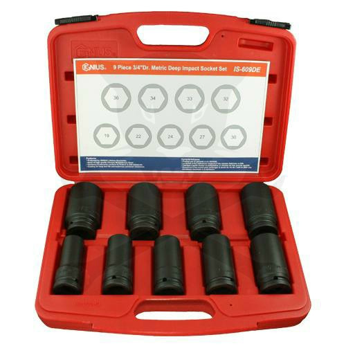 Légkulcsfej készlet 3/4"  9 db 19-36 mm metrikus hosszú 6 l. Genius