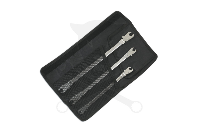 Fékcsőkulcs racsnis, kétoldali csuklós, extra hosszú  3 db-os készlet