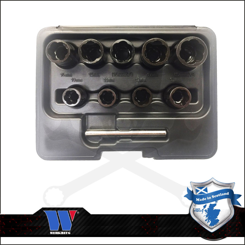 Csavarkiszedő készlet - sérült fejű csavarokhoz  9+1 db-os 10-19 mm 3/8"