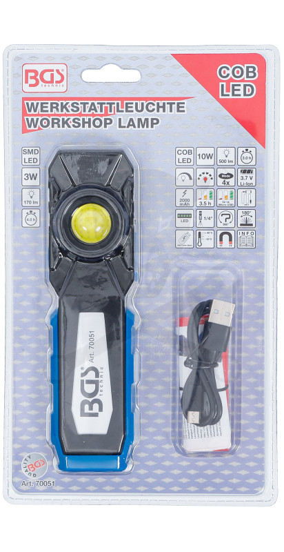 Szerelőlámpa LED 01 COB + 1 ledes dönthető akkus 10W szerelőlámpa -BGS