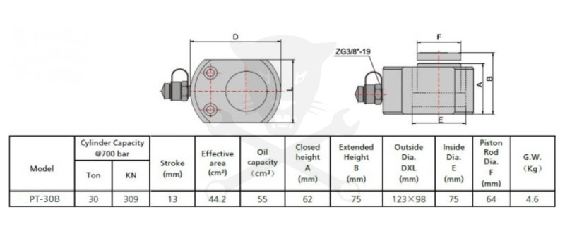 Hidraulikus munkahenger - 3/8" NPT - 30 tonnás/ 13 mm 700 bar -alacsony