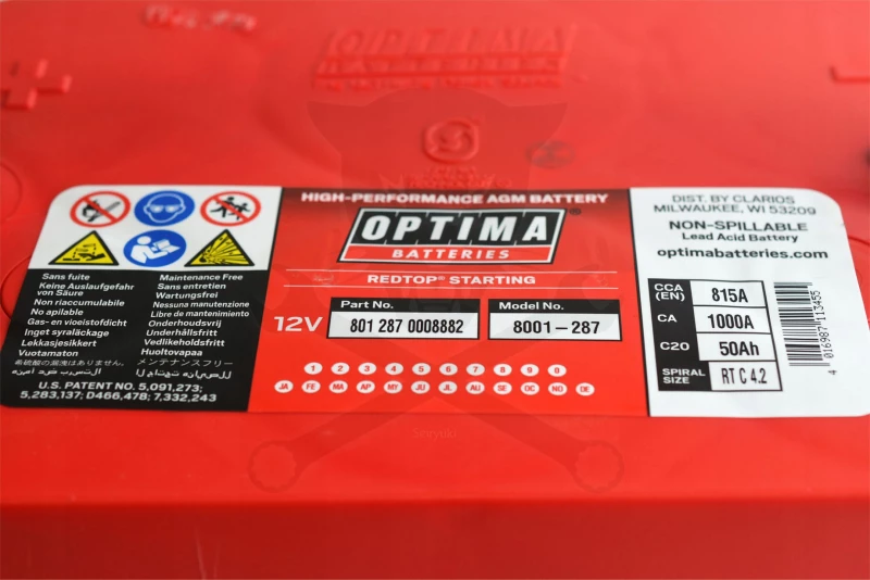 Akku OPTIMA RED TOP 12V 50Ah 815A Közép pólus 254x172x173 mm