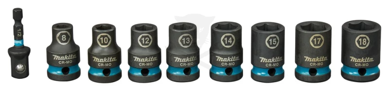Dugókulcs készlet 1/2" 9 db-os 8-18 mm + 1/4”-1/2” adapter -  Makita