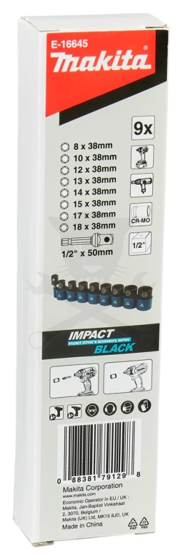 Dugókulcs készlet 1/2" 9 db-os 8-18 mm + 1/4”-1/2” adapter -  Makita