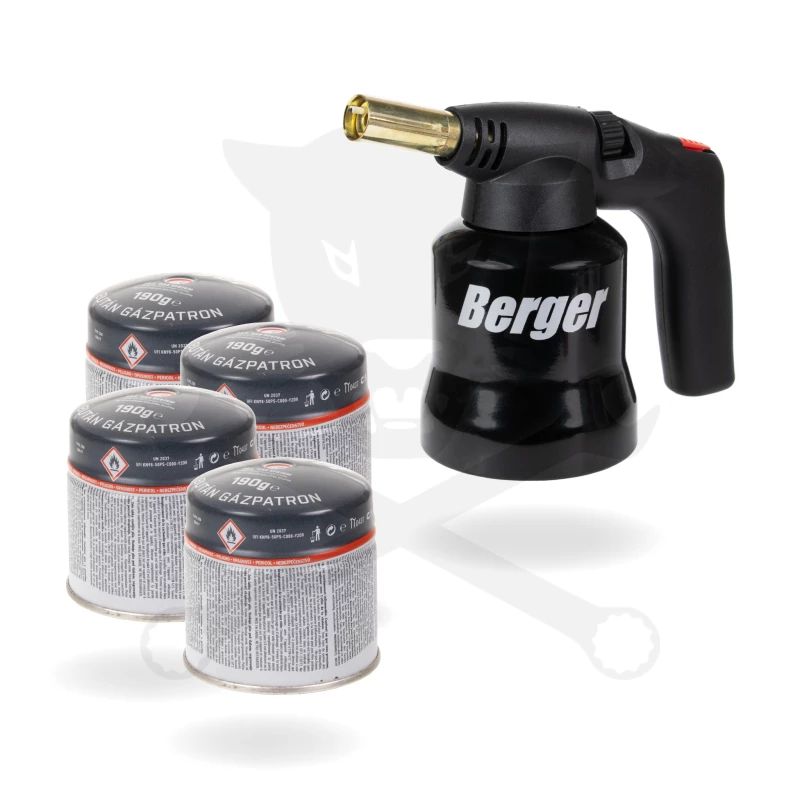 Gázégő - gázlámpa piezós fém házas + 4db gázpalack - Berger