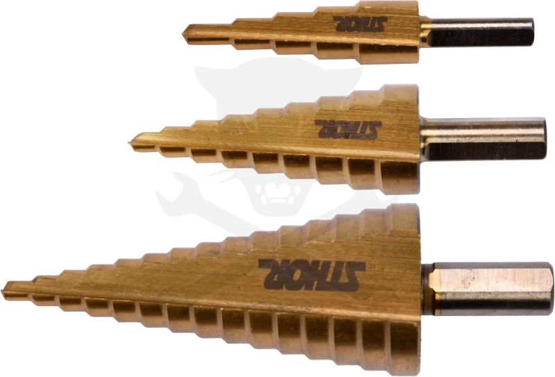 Lemezfúró, lépcsős - készletben 3 db-os HSS TiN 4-12/4-20/4-30 mm -