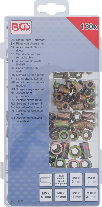 Szegecsanya készlet 150 db-os M3-M4-M5-M6-M8-M10 acél, rovátkolt - BGS