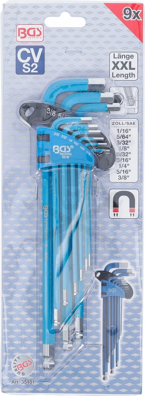 Imbuszkulcs készlet  9 db-os gömbvégű, mágneses 1/16" - 3/8" - BGS