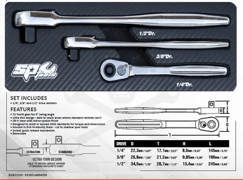 Crowa racsnis kulcs készlet 3 db-os nyomógombos 1/2"-3/8"-1/4" SLIM - SP
