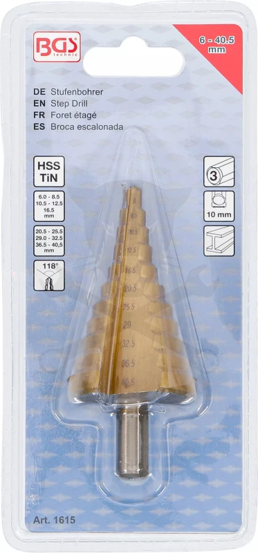Lemezfúró, lépcsős - 1 db-os HSS 6-40,5 mm TiN bevonat - BGS