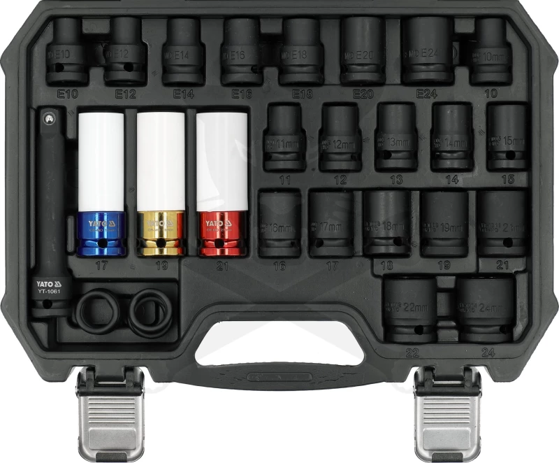 Légkulcsfej készlet 1/2" 24 db 10-24 mm + E10-E24 -