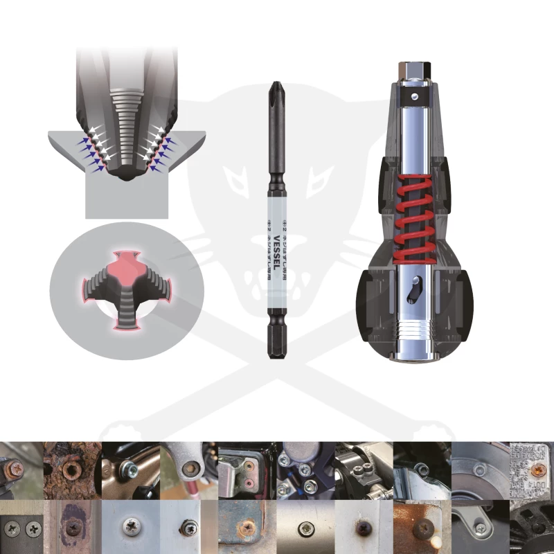 Sérült csavarkihajtó készlet HAZSEL 8 db + Ütvecsavarozó markolat VESSEL