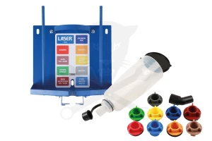 Olajbetöltő adapter készlet kézmentes tölcsérrel 9 db-os + Falitartó készlet